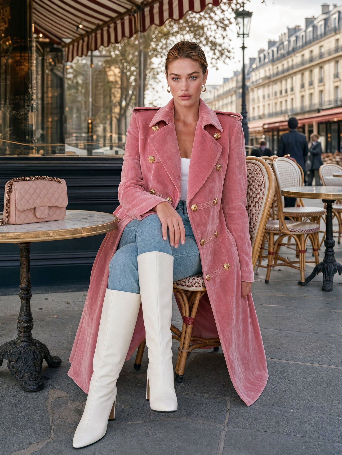Casual Retro-style Pink Velvet Coat With Decorative Buttons