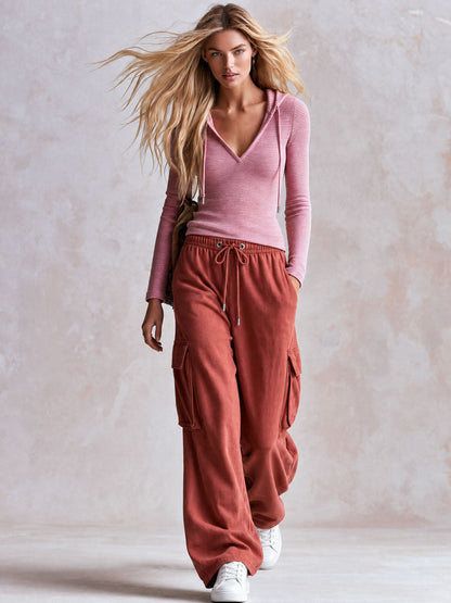Sporty Retro Pink Striped Hoodie And Brick Red Cotton Pants Set