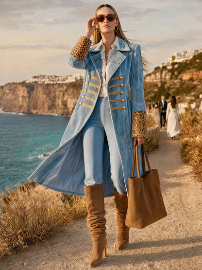 Stylish Retro Leopard Print Sleeve And Chinese Knot Button Light Blue Velvet Coat