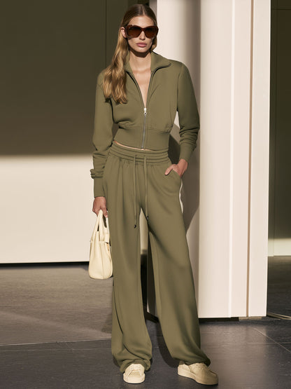 Exquisite And Comfortable Olive Green Zip-up Sweatshirt And Pants Set