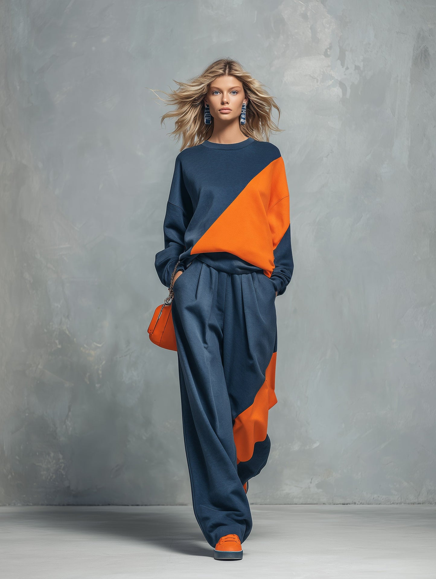 Casual Sportswear Blue And Orange Color-Block Sweatshirt And Joggers Set