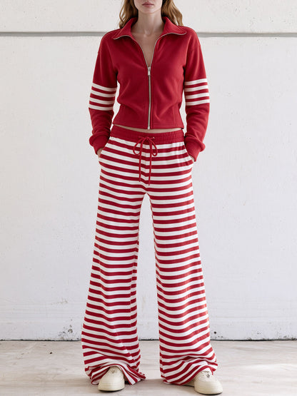 Casual And Comfortable Striped Red Fleece Jacket And Pants Set