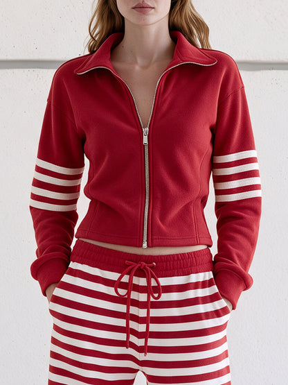 Casual And Comfortable Striped Red Fleece Jacket And Pants Set