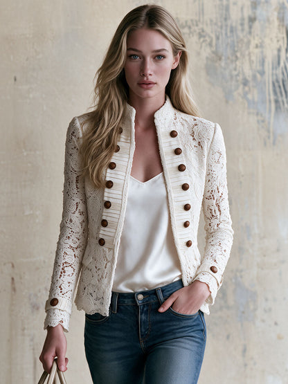 Retro White Stand-up Collar Double-breasted Lace Jacket