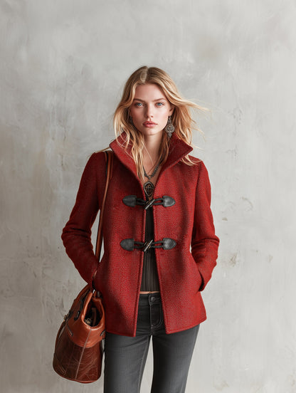 Vintage-style Toggle Coat Red Stand-collar Cropped Coat