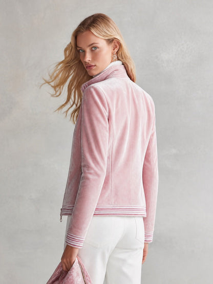 Elegant Striped Trim Pink Stand-collar Zip-front Velvet Jacket