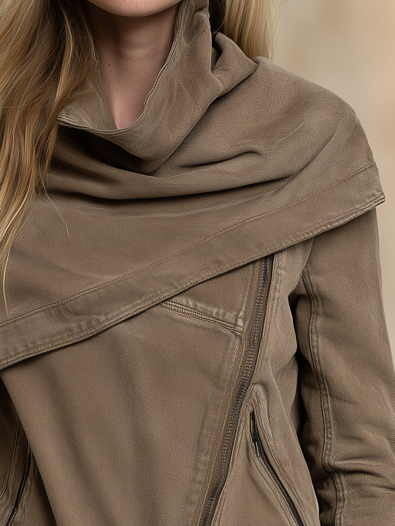Women's Asymmetrical Zip Denim Jacket Draped Collar Moto Style