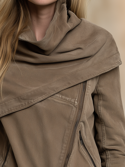 Women's Asymmetrical Zip Denim Jacket Draped Collar Moto Style