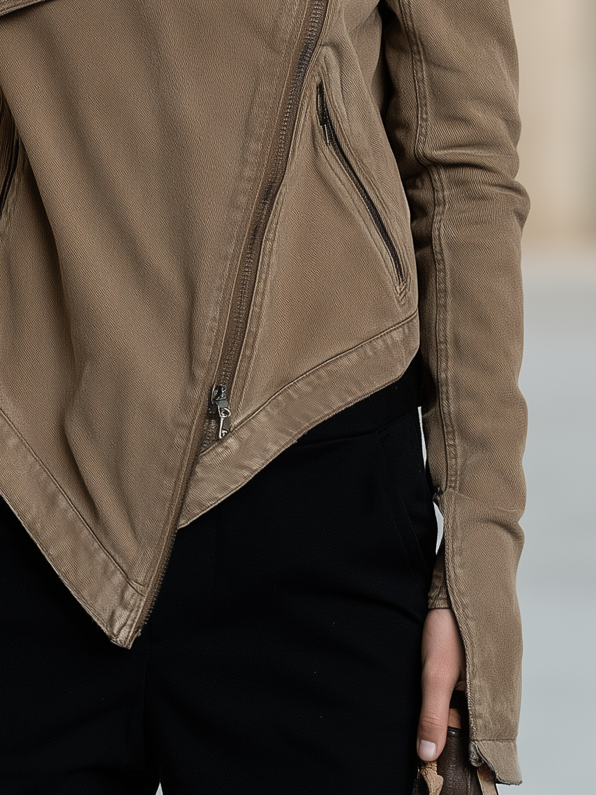 Women's Asymmetrical Zip Denim Jacket Draped Collar Moto Style