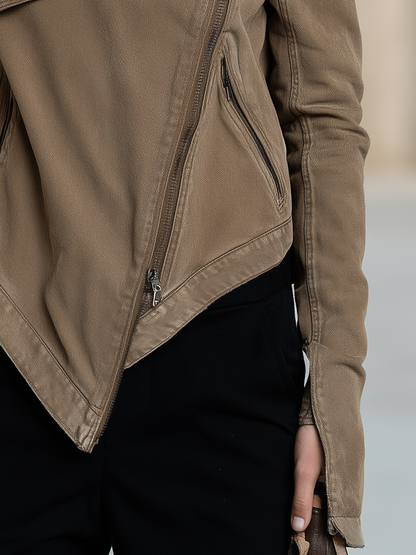 Women's Asymmetrical Zip Denim Jacket Draped Collar Moto Style