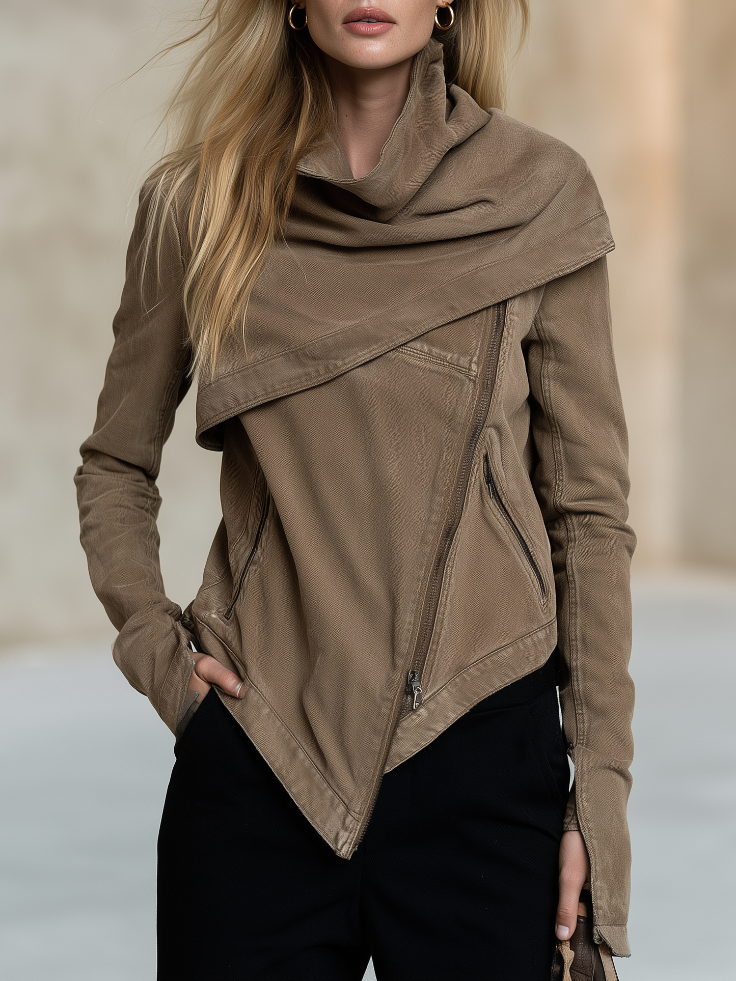 Women's Asymmetrical Zip Denim Jacket Draped Collar Moto Style