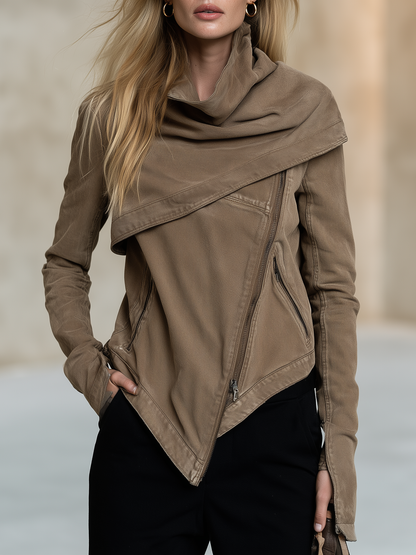 Women's Asymmetrical Zip Denim Jacket Draped Collar Moto Style