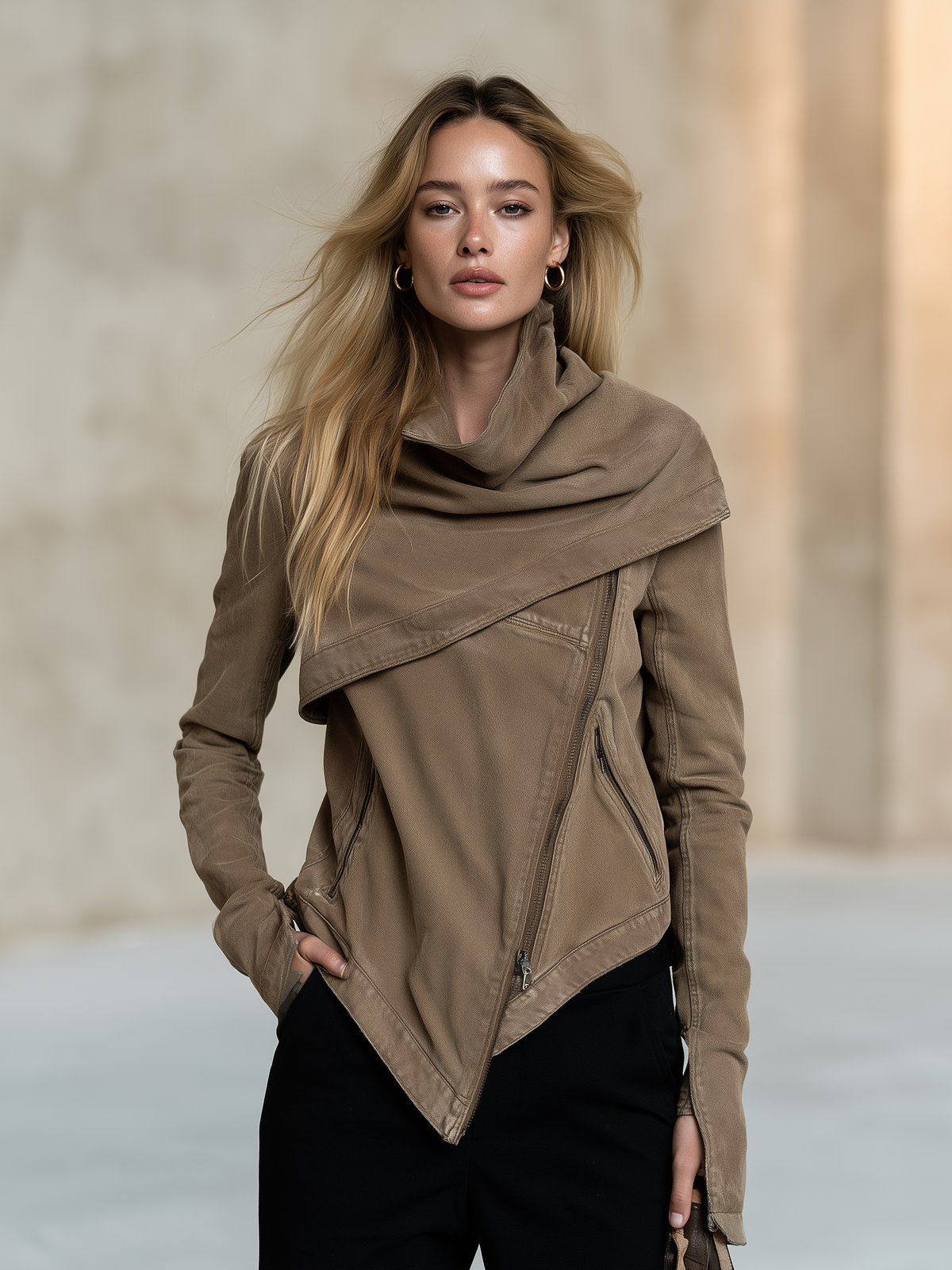 Women's Asymmetrical Zip Denim Jacket Draped Collar Moto Style