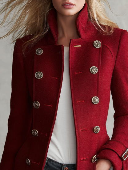 Classic Retro Red Stand-up Collar Double-breasted Coat