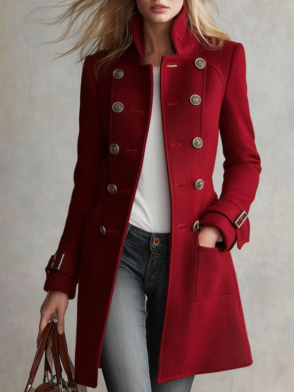 Classic Retro Red Stand-up Collar Double-breasted Coat