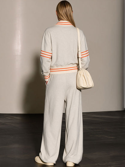 Casual And Comfortable Striped Gray And White Half-zip Sweatshirt And Pants Set