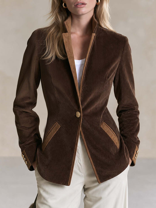 Refined Vintage Style Mandarin Collar Single-button Closure Brown Corduroy Jacket