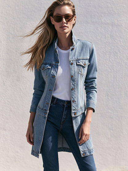Retro Stand-up Collar Zipper Washed Denim Blue Faux Two-piece Coat