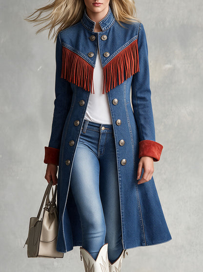 Western Retro Red Tassel Blue Stand-up Collar Double-breasted Denim Coat