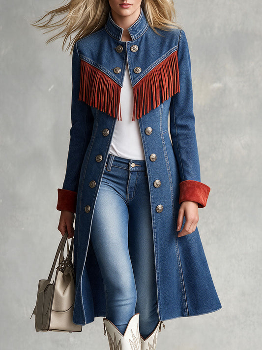 Western Retro Red Tassel Blue Stand-up Collar Double-breasted Denim Coat