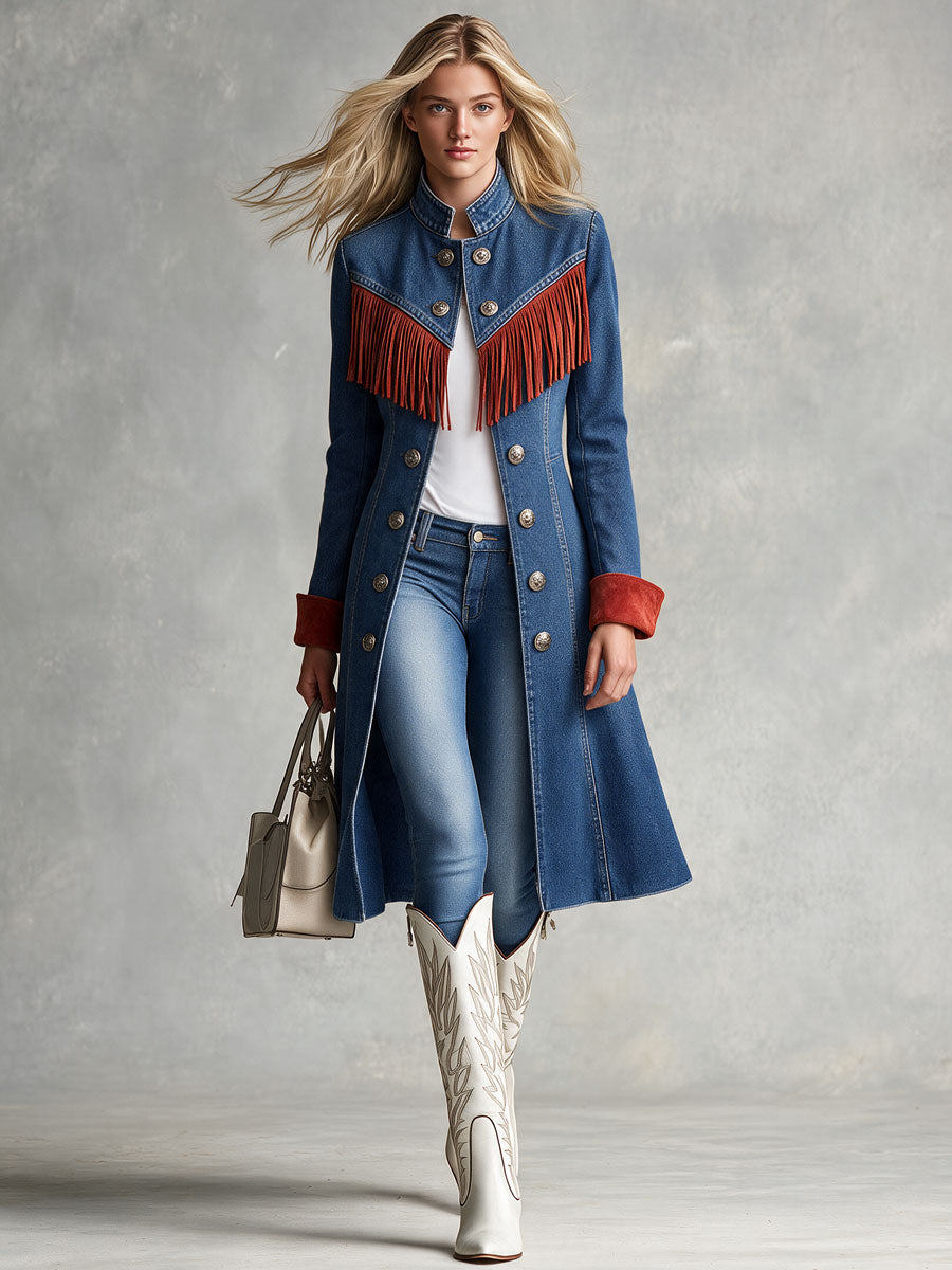 Western Retro Red Tassel Blue Stand-up Collar Double-breasted Denim Coat