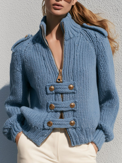 Exquisite Retro Stand-up Collar Zip-up Button Blue Knit Officer Jacket