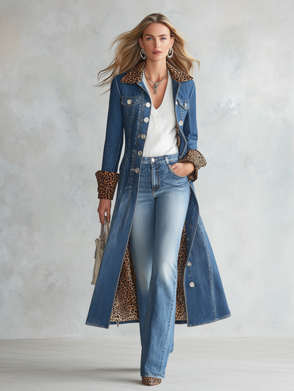 Women's Refined Western-Style Denim Coat with Blue Leopard-Print Trim