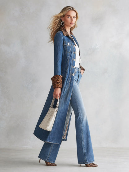 Women's Refined Western-Style Denim Coat with Blue Leopard-Print Trim