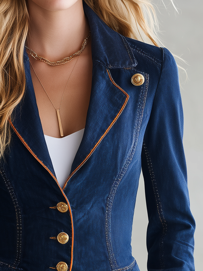 Slim Fit Women's Denim Blazer Gold Buttons Contrasting Trim