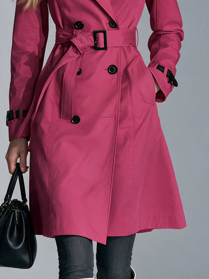 Classic Retro Fuchsia Lapel Belt Button Mid-length Cotton Trench Coat