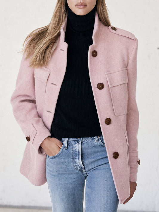 Casual And Simple Stand-up Collar Pink Multi-pocket Workwear Coat