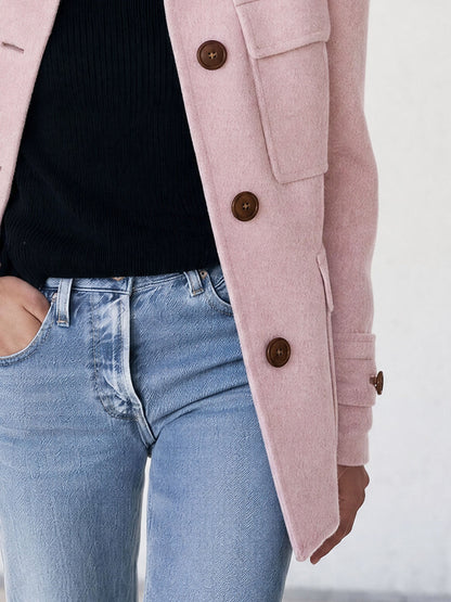 Casual And Simple Stand-up Collar Pink Multi-pocket Workwear Coat