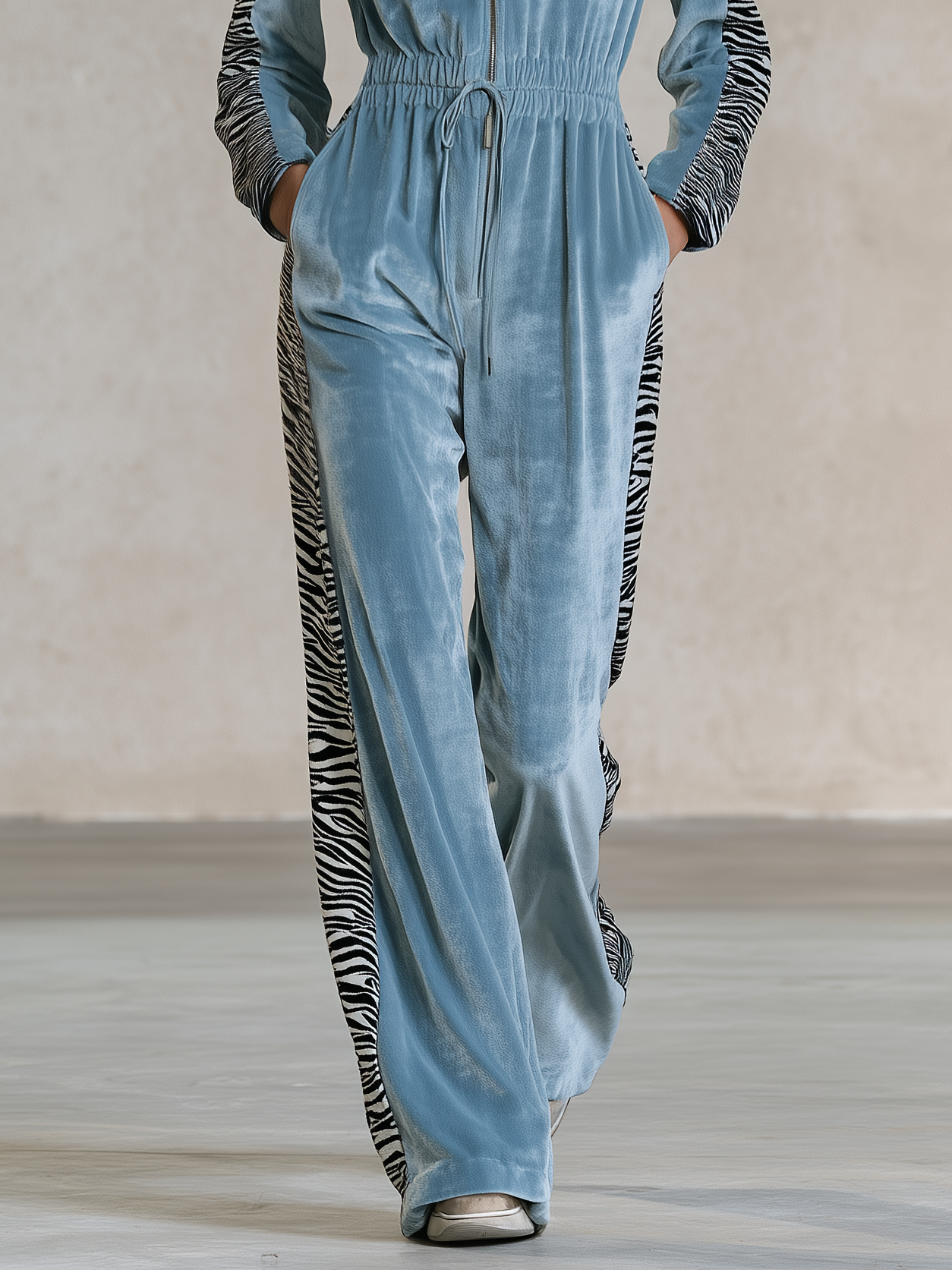 Retro-chic Zebra-print Velvet Drawstring Jumpsuit