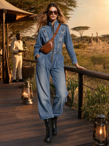 Vintage Washed Denim Blue Military Officer-style Bronze Button-down Collar Jumpsuit