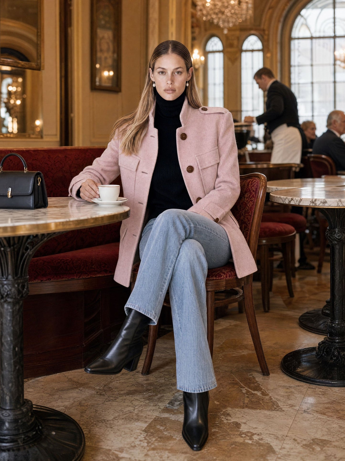 Casual And Simple Stand-up Collar Pink Multi-pocket Workwear Coat