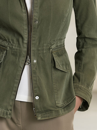 Olive Green Workwear Jacket Lightweight Jacket Fitted Waist Design