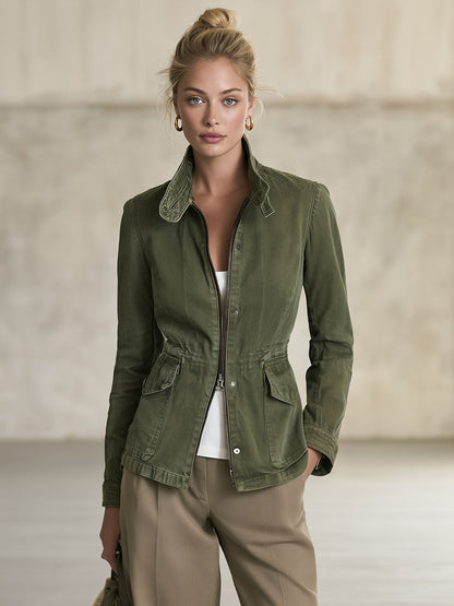 Olive Green Workwear Jacket Lightweight Jacket Fitted Waist Design