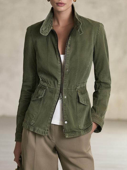 Olive Green Workwear Jacket Lightweight Jacket Fitted Waist Design