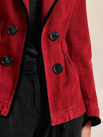 Women’s Red Denim Fitted Blazer Jacket With Black Trim