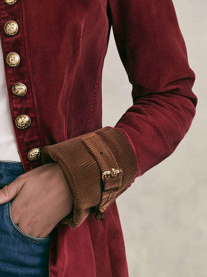 Women's Burgundy Denim Military-style Blazer With Gold Buttons