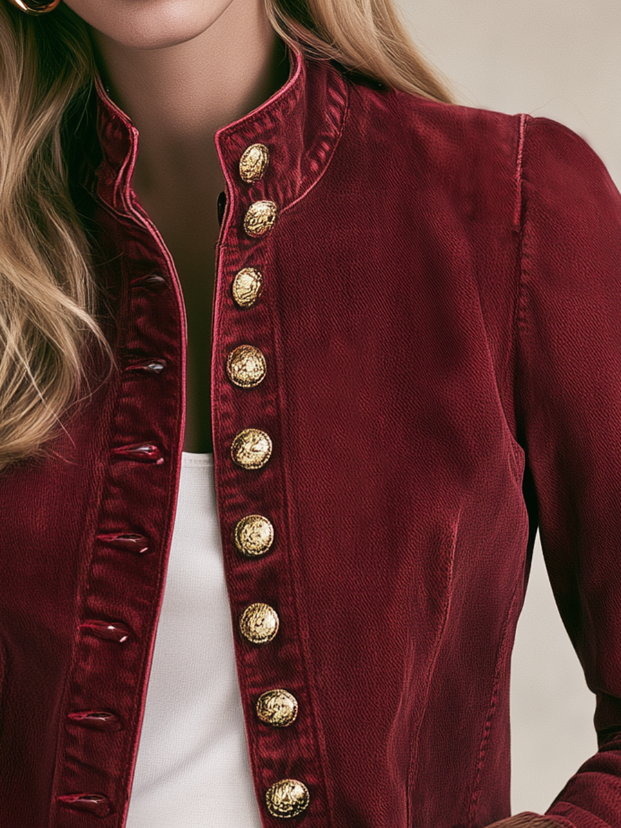 Women's Burgundy Denim Military-style Blazer With Gold Buttons