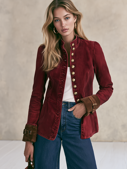Women's Burgundy Denim Military-style Blazer With Gold Buttons