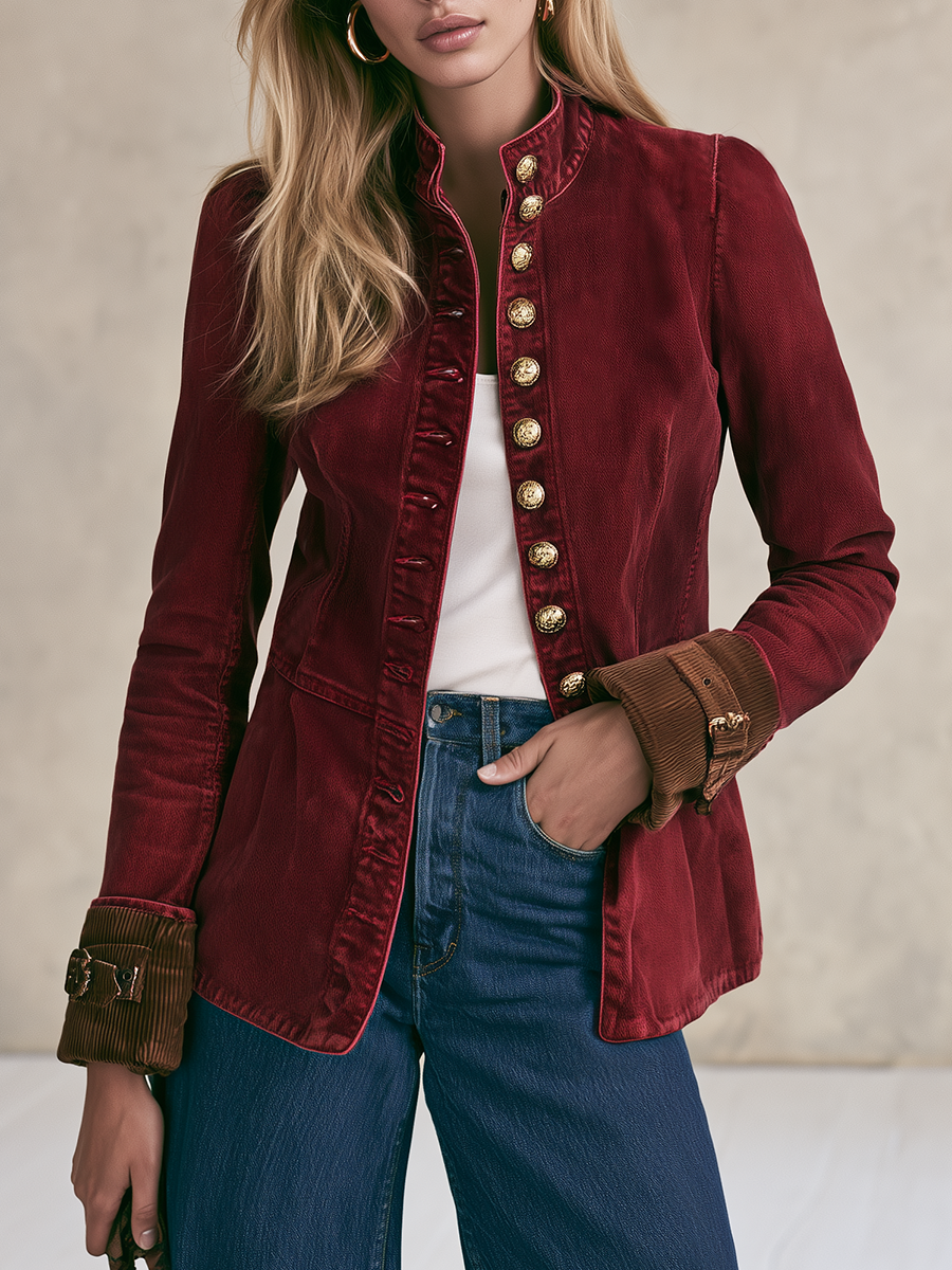 Women's Burgundy Denim Military-style Blazer With Gold Buttons