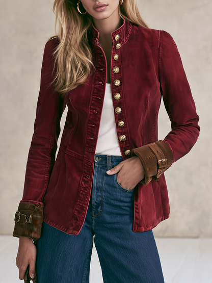 Women's Burgundy Denim Military-style Blazer With Gold Buttons