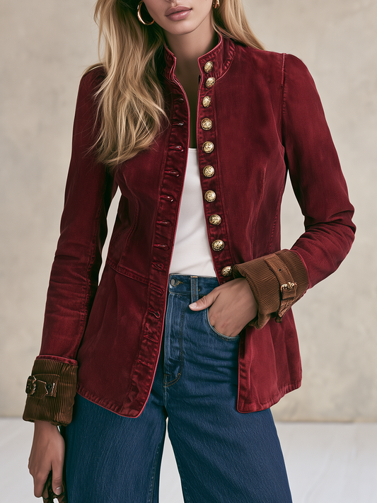 Women's Burgundy Denim Military-style Blazer With Gold Buttons