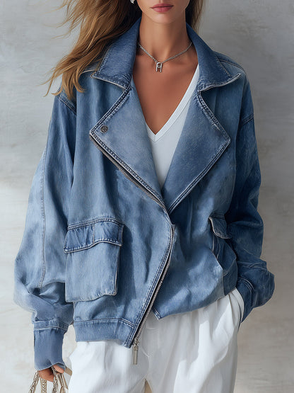 Stylish Collared Blue Denim Zip-Up Bomber Jacket