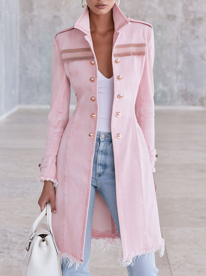 Fashionable Retro-style Frayed Pink Faded Denim Military-style Coat