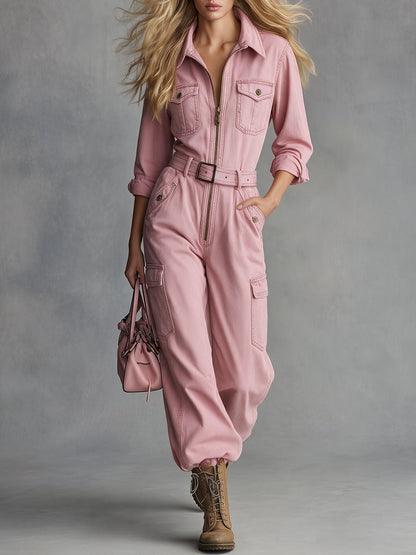 Stylish Retro Pink Collared Zipper Belt Multi-Pocket Denim Jumpsuit