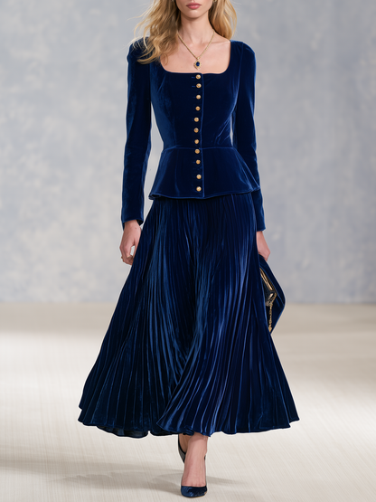 Royal Blue Velvet Pleated Skirt Set With A Retro Casual And Elegant Style