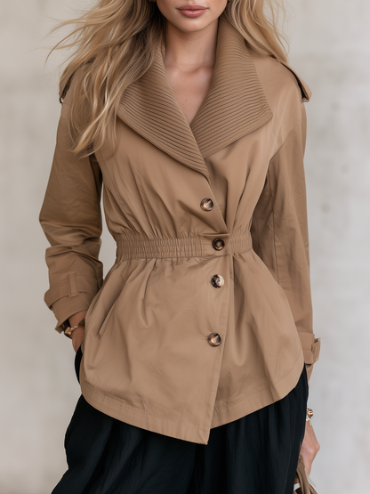 Retro-casual Elegant Khaki Trench Coat With A Ribbed Collar